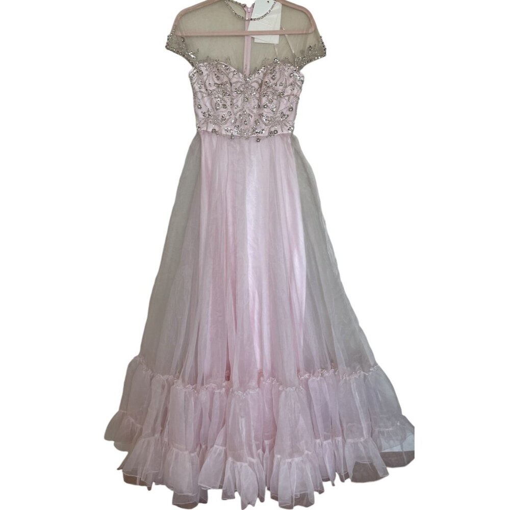 Mac Duggal Gown Dress Size 2‎ Pink Illusion Embellished Tiered Ruffle 68463
